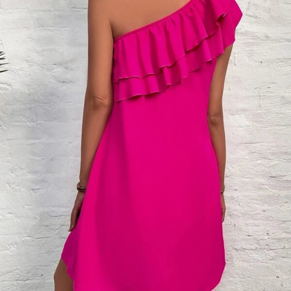 One Shoulder Ruffle Detail Tunic Mini Dress Vacation Hot Pink - Picture 8 of 8